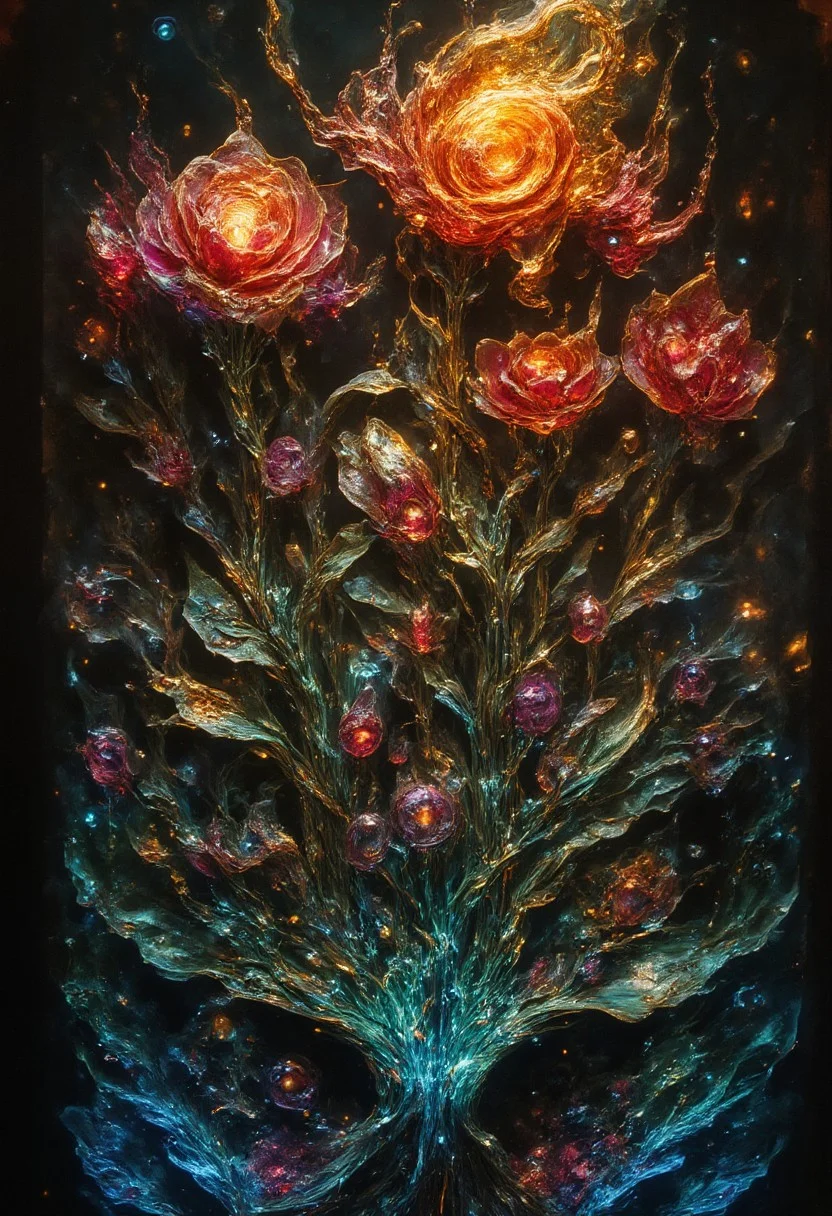 Ultra-realistic 8K resolution, Octane render, Unreal Engine 5 masterpiece, dark academia aesthetic, enchanted glass terrarium containing: two hybrid heliotrope-roses with translucent ruby gemstone petals (vitreous refraction), metallic obsidian stems (bioluminescent vascular system), liquid mercury dewdrops suspended mid-fall, spiral cerulean nebula core emitting plasma tendrils, fractured amber glass veins pulsing with trapped starlight, quantum foam escaping through dimensional cracks, non-Euclidean spacetime geometry, vantablack void background with gravitational lensing distortion, chrono-crystalline lattice framework, volumetric photon mapping event horizon glow, subsurface scattering in petal nanostructures, temporal anomaly causing timeline overlaps, hyperdetailed microbiology under gemstone epidermis, gothic biodigitalpunk style blending Zdzisław Beksiński and Ernst Haeckel, photorealistic macro photography meets celestial cartography, trending on ArtStation --ar 16:9 --v 6.0 --no cartoonish, flat colors, symmetry, human elements