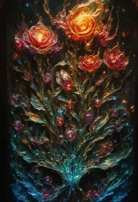 Ultra-realistic 8K resolution, Octane render, Unreal Engine 5 masterpiece, dark academia aesthetic, enchanted glass terrarium containing: two hybrid heliotrope-roses with translucent ruby gemstone petals (vitreous refraction), metallic obsidian stems (bioluminescent vascular system), liquid mercury dewdrops suspended mid-fall, spiral cerulean nebula core emitting plasma tendrils, fractured amber glass veins pulsing with trapped starlight, quantum foam escaping through dimensional cracks, non-Euclidean spacetime geometry, vantablack void background with gravitational lensing distortion, chrono-crystalline lattice framework, volumetric photon mapping event horizon glow, subsurface scattering in petal nanostructures, temporal anomaly causing timeline overlaps, hyperdetailed microbiology under gemstone epidermis, gothic biodigitalpunk style blending Zdzisław Beksiński and Ernst Haeckel, photorealistic macro photography meets celestial cartography, trending on ArtStation --ar 16:9 --v 6.0 --no cartoonish, flat colors, symmetry, human elements