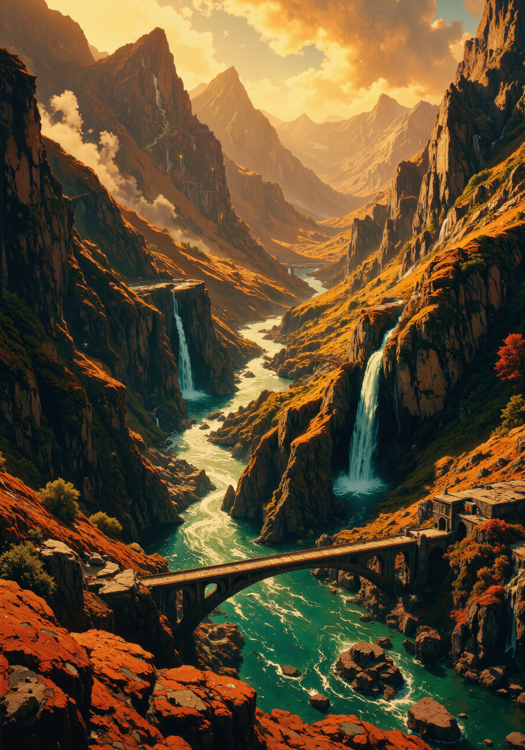 High altitude aerial perspective, expansive mountainous terrain with rugged rocky cliffs, sinuous river canyons, crystalline lakes shimmering beneath cascading waterfalls, textured ancient stone bridges, labyrinthine natural formations, warm golden hour radiance, dynamic atmospheric lighting, intricate detailing, hyper-detailed 8k masterpiece quality, cinematic composition, visionary spatial elements, evocative interplay of emerald greens, icy blues, and amber hues, futuristic accents, surreal panoramic vista, mystical ambiance, refined textures, monumental scale, dramatic shadows, evocative color palette, inspirational natural marvel <lora:FluxMythR3alisticF:0.8> <lora:RM_Animefy_v1.0M:0.8> <lora:reedy-art-style:0.7> <lora:RM_Enhancer_v1.0_bf16:0.7> <lora:flux_dev:1>
