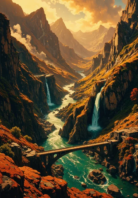 High altitude aerial perspective, expansive mountainous terrain with rugged rocky cliffs, sinuous river canyons, crystalline lakes shimmering beneath cascading waterfalls, textured ancient stone bridges, labyrinthine natural formations, warm golden hour radiance, dynamic atmospheric lighting, intricate detailing, hyper-detailed 8k masterpiece quality, cinematic composition, visionary spatial elements, evocative interplay of emerald greens, icy blues, and amber hues, futuristic accents, surreal panoramic vista, mystical ambiance, refined textures, monumental scale, dramatic shadows, evocative color palette, inspirational natural marvel <lora:FluxMythR3alisticF:0.8> <lora:RM_Animefy_v1.0M:0.8> <lora:reedy-art-style:0.7> <lora:RM_Enhancer_v1.0_bf16:0.7> <lora:flux_dev:1>