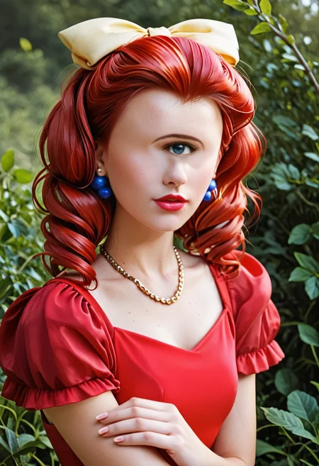 score_9, score_8_up, score_7_up, score_6_up, <lora:PMJessebelle_epoch_7:0.8>, PMJessebelle, blue eyes, red hair, drill hair, yellow bow, hair bow, earrings, lipstick, pink lips,
pearl necklace, red dress, shoulder pads,
leaning forward, serious, looking at viewer, facing viewer, hand on own knee, cowboy shot, 
BREAK day, sunlight, outdoors,
gorgeous lips, cinematic, (masterpiece), (best quality), (ultra-detailed), very aesthetic, illustration, perfect composition, intricate details, absurdres, (realistic, ultrarealistic, masterpiece, intricate:1.3), (best quality, hires textures, high detail:1.2), (4k), (incredibly detailed:1.4), (masterpiece, best quality:1.2), cyclopsgirl, thinmonobrow, masterpiece,best quality,