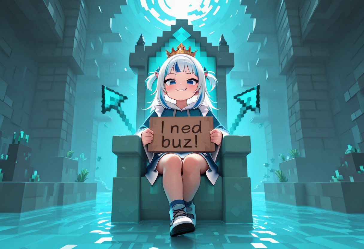 masterpiece, best quality, amazing quality, very aesthetic, high resolution, ultra-detailed, absurdres, newest, detailed eyes,minecraft filter,
BREAK,
need_buzz, holding sign, gawr gura, atlantis, throne, crown, smirk