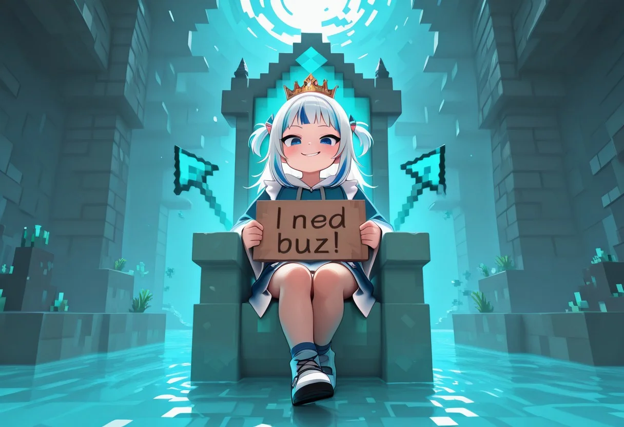 masterpiece, best quality, amazing quality, very aesthetic, high resolution, ultra-detailed, absurdres, newest, detailed eyes,minecraft filter,
BREAK,
need_buzz, holding sign, gawr gura, atlantis, throne, crown, smirk
