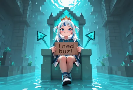masterpiece, best quality, amazing quality, very aesthetic, high resolution, ultra-detailed, absurdres, newest, detailed eyes,minecraft filter,
BREAK,
need_buzz, holding sign, gawr gura, atlantis, throne, crown, smirk