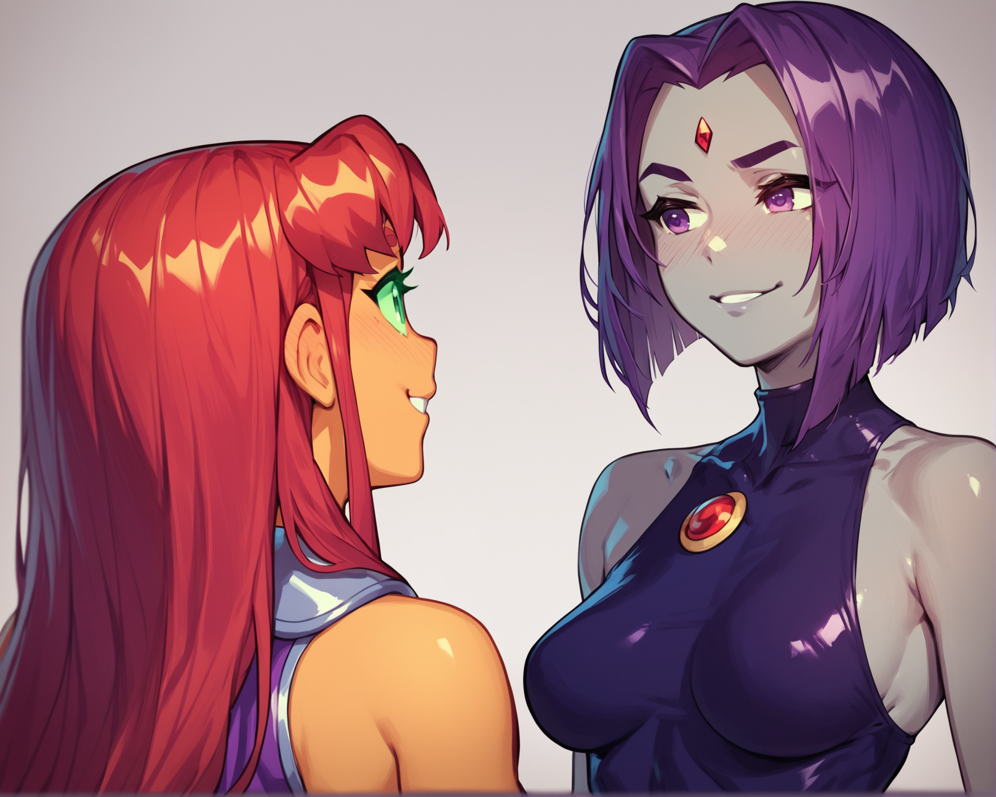score_9, score_8_up, score_7_up, source_cartoon BREAK 2girls, looking at another, over-the-shoulder shot, Raven (dc), purple hair, grey skin, short hair, forehead jewel, standing, leotard, looking at another, purple eyes, perky breasts, <lora:Over-the-shoulder_shot:1>, (starfire, starfire facing away, red hair), smile, blush, talking, rating_questionable