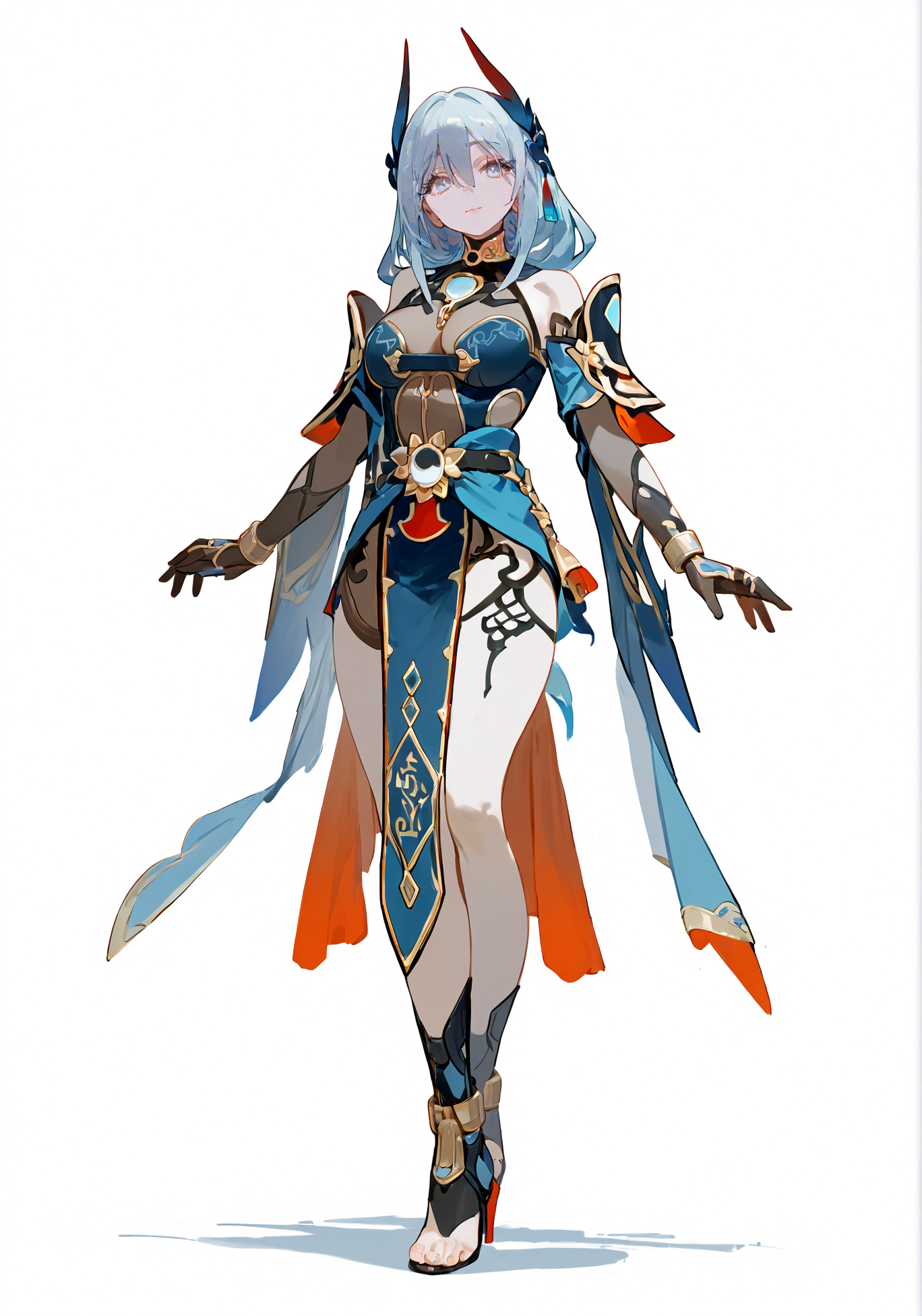 score_9, score_8_up, score_7_up, score_6_up, 8k, 
8k, best quality, masterpiece, (ultra-detailed:1.1), (high detailed skin), white background, simple background, 
(full body), (white background:1.2), standing, looking at viewer, (solo), hand on hip, 
<lora:hanxue-pony-Tanger-000009:0.8>, hanya, hanya's def clothes, 1girl, breasts, high heels, long hair, toeless footwear, 
(beautiful_face), ((intricate_detail)), clear face, 
((finely_detailed)), fine_fabric_emphasis, 
((glossy)), full_shot, <lora:chenkin_nai3_style:0.8>,