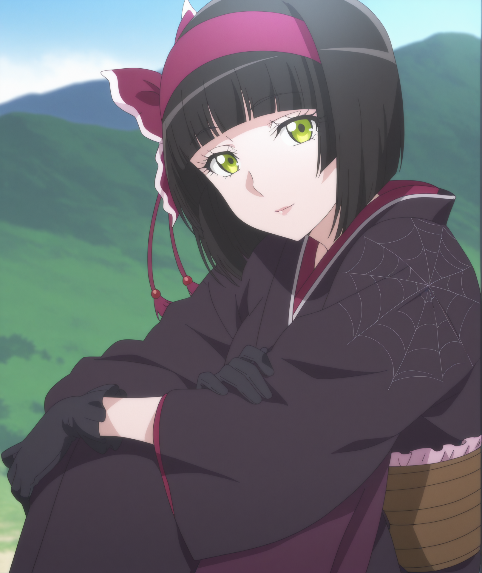 official art, absurdres, highres, anime coloring, hi res, best quality, masterpiece, 2d, intricate details, 4k,
1girl, solo, female, eyelashes, nose, short hair, bangs, green eyes, yellow eyes, black hair, blunt bangs, bob cut,
hairband, red hairband, pink hairband, bow, ribbon, hair ribbon, hair bow, red bow, 
gloves, black gloves, japanese clothes, kimono, sash, obi, black kimono, spider web print,
cowboy shot, looking at viewer, sitting, arms on knees, 
depth of field, outdoors, sunlight, mountain, mountainous horizon, <lora:Mio_(Character)_ILXL:1>, mio \(tsuki ga michibiku isekai douchuu\), tsuki ga michibiku isekai douchuu,