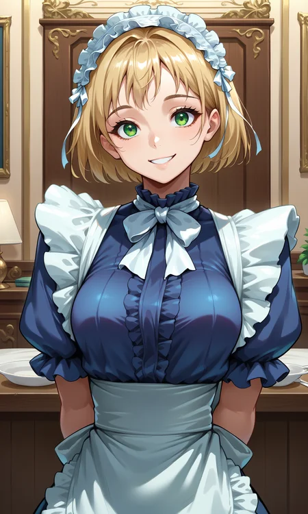 score_9, score_8_up, source_anime, lynettesciii, 1girl, solo, blonde hair, short hair, green eyes, maid headdress, white bowtie, blue dress, puffy short sleeves, medium breasts, frills, waist apron, upper body, indoors, bedroom, looking at viewer, smile, arms behind back, head tilt