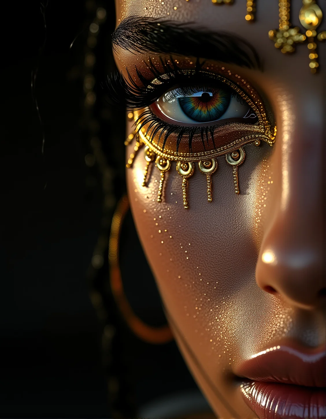 . A stunning close-up of a woman's eye surrounded by intricate gold makeup, highlighted by dramatic shadows, with the soft glow of moonlight in the background., <lora:bv-close-up-enhancer.safetensors:1.0:1.0>