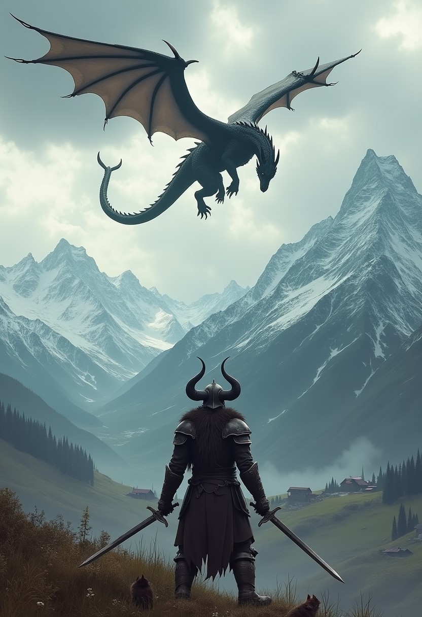 cinematic, skyrim themed, a warrior wearing leather armor and horned helmet, 2 swords in hand, looking up at the sky, a dark demonic dragon is flying in the air in circles, snow peaked mountains in background, small village, very detailed, masterpiece, adventurous, cloudy sky, hyena