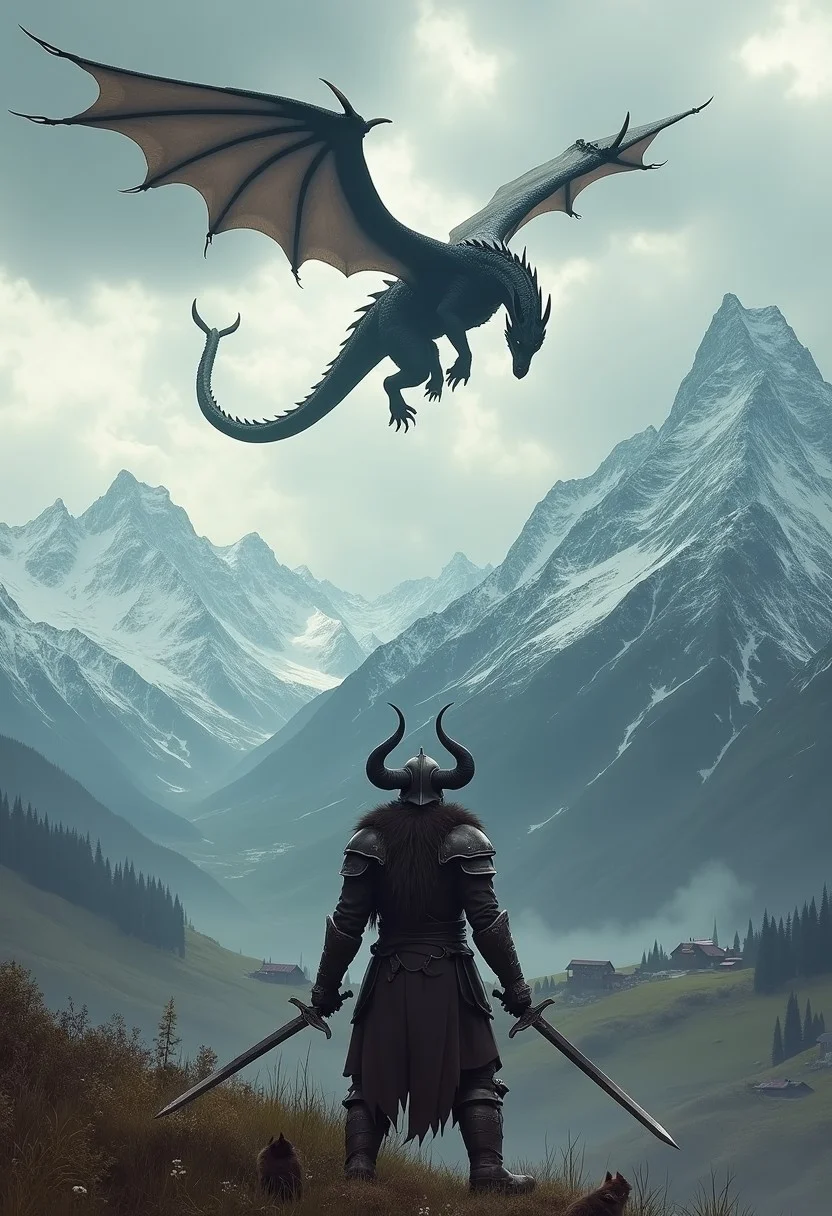 cinematic, skyrim themed, a warrior wearing leather armor and horned helmet, 2 swords in hand, looking up at the sky, a dark demonic dragon is flying in the air in circles, snow peaked mountains in background, small village, very detailed, masterpiece, adventurous, cloudy sky, hyena