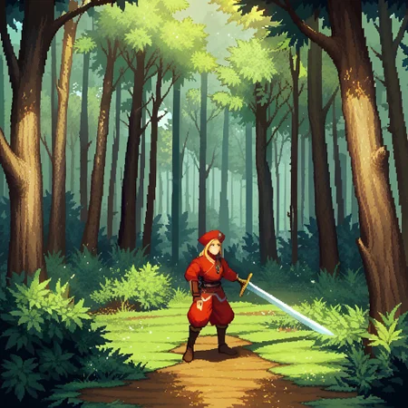 score_9, score_8_up, score_7_up BREAK Pixelstyle1, sword inside stone, forest background,