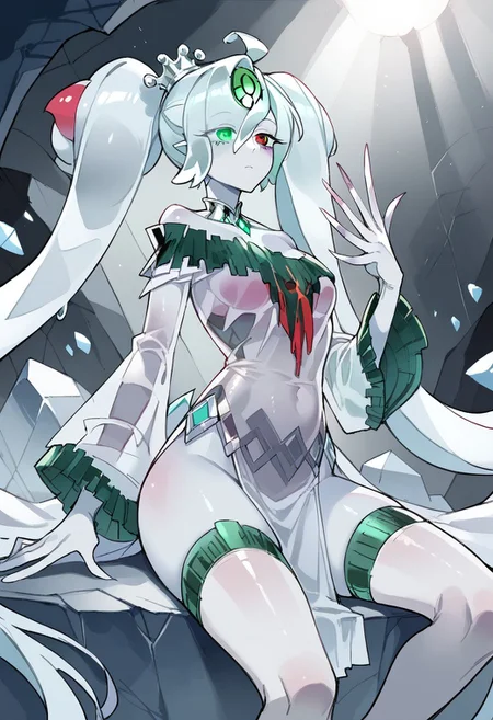 score_9, score_8_up, score_7_up, source_anime, verybadimagenegative_v1.3, easynegative, perfect lighting, ExpressiveH. rating_safe
BREAK
((ygoaegirine), (colored skin, grey skin, slime girl, (transparent:1.2), transparent body, transparent face), short hair, huge twintails, long twintails, crystal hair, translucent hair, hair over eye, crown, hair ornaments, forehead jewel, heterochromia, green eye, red eye).
<lora:Icejade_Gymir_Aegirine-000009:0.9>
BREAK
(detailed face:1.3), beautiful face, teardrop breasts, (small breasts:1.2), thin body, navel, perfect hands, long fingers, tall.
BREAK
1girl, solo, (expressionless), empty eyes, (choker, dress, off-shoulder dress, wide sleeves, detached sleeves, transparent, lowleg leotard, waist cape, pelvic curtain, transparent thighhighs, toeless legwear, transparent loose-fit legwarmers). sitting, from side, from below, looking at viewer, cave, ice prison, dark, low light, darkness, shadows, very dark, dark background, glowing water, dramatic lighting,