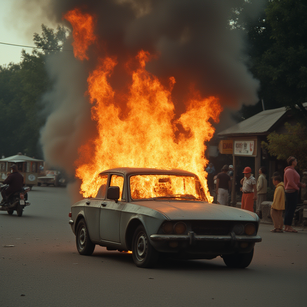 cinematic film still of  <lora:perfection style v2d:1>
A perfect photo of a car is on fire in a street,multiple girls,hat,outdoors,multiple boys,tree,fire,ground vehicle,building,motor vehicle,6+boys,sign,car,road,police,street,road sign,photo background , detailed face, detailed body, detailed hands, detailed eyes, detailed nose, detailed ears, detailed hair, detailed, perfection, detailed teeth, detailed skin texture, wrinkly, detailed fingers, detailed mouth, beauty, realism, real, detailed hair, detailed pores, detailed background, sharp image, detailed lips, different race, different color, different haircut, different skin tone, different, different people, different pose, perfection style, shallow depth of field, vignette, highly detailed, high budget, bokeh, cinemascope, moody, epic, gorgeous, film grain, grainy