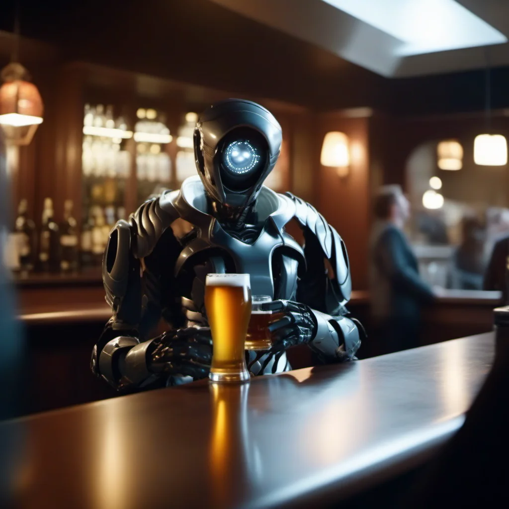 cinematic photo robot having a beer in a pub <lora:LIS-V3:0.8> . 35mm photograph, film, bokeh, professional, 4k, highly detailed