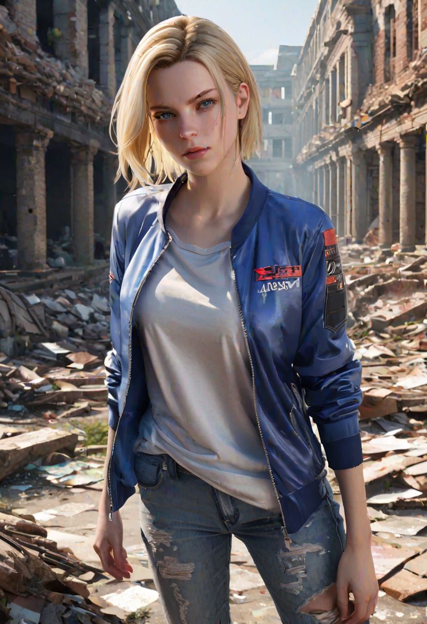 android 18,1girl,sexy pose,best quality,masterpiece,illustration,an extremely delicate and beautiful,CG,unity,8k wallpaper,Amazing,finely detail,masterpiece,official art,extremely detailed CG unity 8k wallpaper,incredibly absurdres,huge filesize,ultra-detailed,highres,extremely detailed,beautiful detailed girl,realistic,full frontal,outdoors,light contrast,city ruin,
 <lora:Android_20231017132802:0.9> <lora:broken_clothes:0.7> broken_clothes