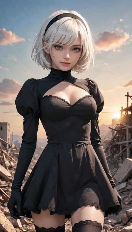 Cowboy Shot, yorha no. 2 type b, short white hair, adult, cute, seductive, innocent, light smile:0.3, total black dress, hairband, black gloves, clothing cutout, cleavage cutout, black puffy sleeves, black long sleeves, black hairband, black feather-trimmed sleeves, juliet sleeves, mole under mouth, arm up unsheathing sword, black thighhighs, turtleneck, sunset, rubble in the background, depth of field, dynamic angle, fashion photography, sharp, hyperdetailed:1.15, 4n1v3rs3