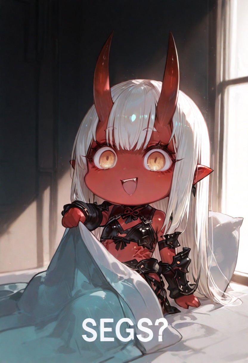 masterpiece, best quality, good quality, newest, highres, absurdres, volumetric lighting,gradient color,
BREAK 
raytracing, volumetric lighting, ambient occlusion, girl, luminescent background, masterpiece, best quality, very awa, absurdres, 
BREAK
Aka-Oni, oni, colored skin, (red skin:1.3), straight horns, solo, long hair, model style,
evil eyes, evil, bullying, sinister, 
BREAK
masterpiece,amazing quality,best quality,ultra-detailed,8K,illustration,CG,shiny hair,clear skin,ultra-detailed-eyes, background,cute girl, eyelashes
BREAK,
segs, chibi, open mouth, smile, english text, :d, looking at viewer, blanket, pillow, holding