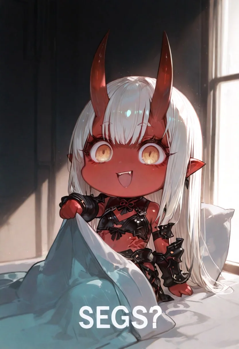 masterpiece, best quality, good quality, newest, highres, absurdres, volumetric lighting,gradient color,
BREAK
raytracing, volumetric lighting, ambient occlusion, girl, luminescent background, masterpiece, best quality, very awa, absurdres,
BREAK
Aka-Oni, oni, colored skin, (red skin:1.3), straight horns, solo, long hair, model style,
evil eyes, evil, bullying, sinister,
BREAK
masterpiece,amazing quality,best quality,ultra-detailed,8K,illustration,CG,shiny hair,clear skin,ultra-detailed-eyes, background,cute girl, eyelashes
BREAK,
segs, chibi, open mouth, smile, english text, :d, looking at viewer, blanket, pillow, holding