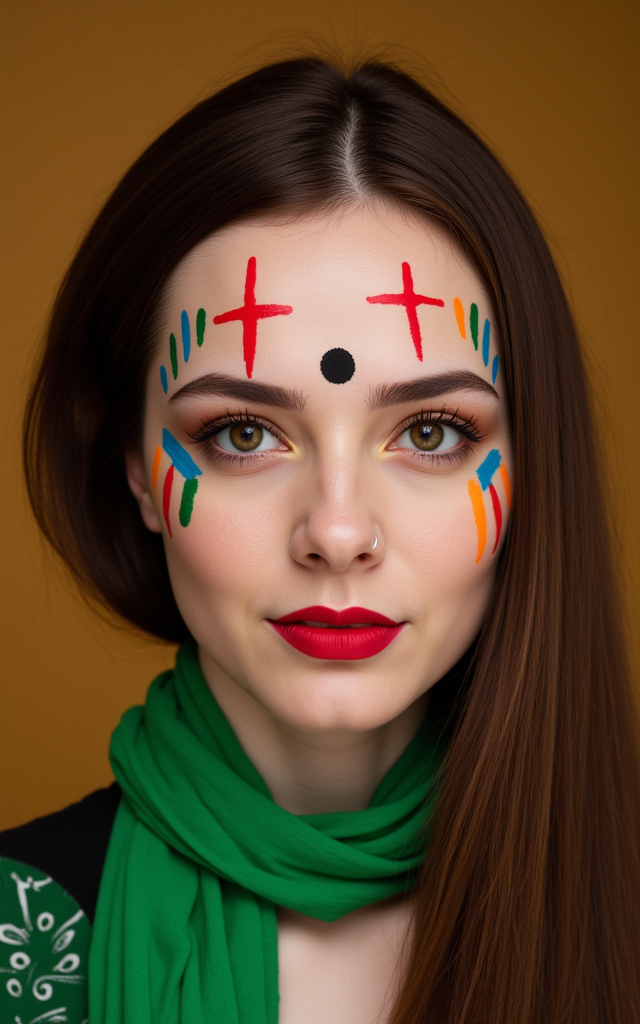 A woman with long brown hair is wearing a green scarf around her neck. There are colorful paint on her face and around her eyes. There is a black dot on her forehead. She has red lipstick on her lips. 