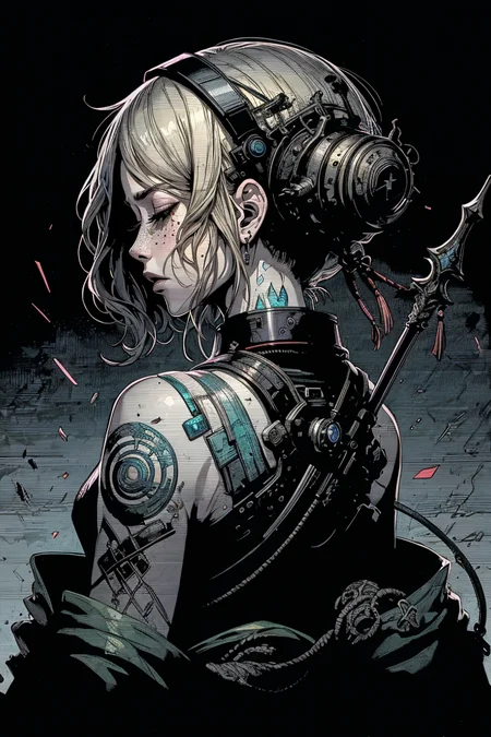 best quality, masterpiece, 1 girl, adult woman, freckles, turquoise eyes, blonde wavy hair, ombre, focus on character, solo, (style-rustmagic:0.8), solo, 5%from back, back view, upper body, detailed face, imperial chinese theme, cyberpunk warrior, 10%(eyes closed:1.05), (self-loathing,:1.05), 3%tattered doublet, headdress, crimson locket of the serpent 20%weilding futuristic rapier of earth, engulfed in ghostly tempests, 5%carved with ancient runes, 20%mystical icons etched into the skin, white color palette, 7%(simple background:1.0),