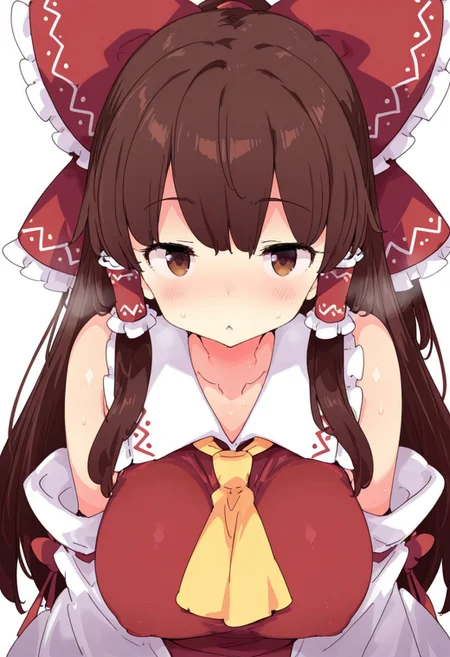 1girl, solo, hakurei reimu, 1girl, solo, brown eyes, brown hair, long hair, sidelocks, hair bow, hair tubes, frilled bow, yellow ascot, red shirt, ribbon-trimmed detached wide sleeves, large breasts, petenshi \(dr. vermilion\), steam, smell, steaming body, looking at viewer, upper body, simple background, white background, masterpiece, best quality, very aesthetic, absurdres