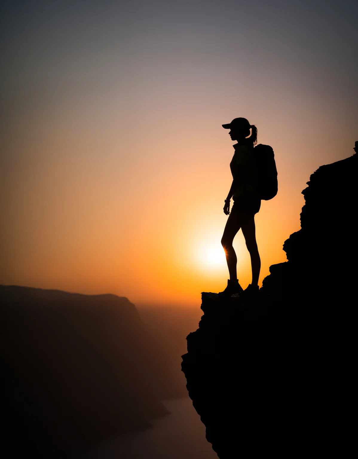 zavy-slhtt, silhouette of a hiker standing at the edge of a cliff, silhouetted by the sun peeking over the horizon, 100mm f/2.8 macro lens,
