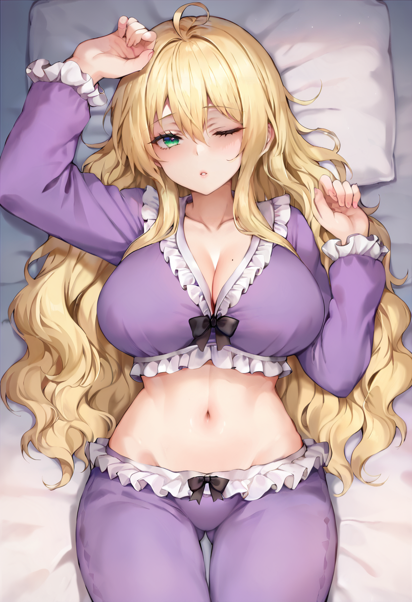 score_9, score_7_up,  1girl, 
huge breasts, wide hips, thick thighs, wrestler, furrowed brow, solo, groin, blonde hair, wavy hair, pajamas, frills, stomach, purple pajamas, one eye closed, alternate costume, frilled pajamas, navel, on back, thighs, on bed, lying, arm up, sleepy, hair between eyes, bed sheet, long hair, breasts, green eyes, parted lips, sleepwear, half-closed eye, hand up, very long hair, looking at viewer
 <lora:aimee_(emi)-Style-PonyXL-GLoRA+Final-000046:1>