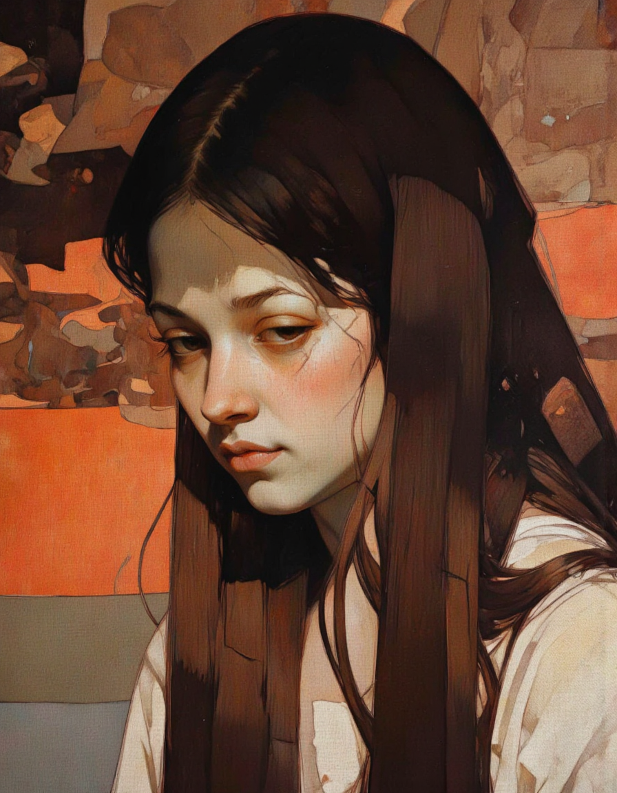 Steve McDonald Art. This image is a digital painting featuring a close-up of a young woman with a melancholic expression. Her face is partially illuminated by a soft, diffused light, casting subtle shadows that accentuate her delicate features. She has long, straight dark brown hair that cascades down her shoulders, with strands falling over her face. Her eyes are a deep brown, gazing downward with a pensive, almost sorrowful look. Her skin tone is pale, adding to the ethereal quality of her appearance.
The background is a rich, abstract blend of warm colors, primarily oranges, reds, and muted browns, creating a sense of depth and texture. There are indistinct, abstract shapes and forms in the background, which add to the dreamlike quality of the image. The painting style is highly detailed yet somewhat abstract, with smooth transitions between colors and a fluid, almost painterly texture. The overall mood is introspective and somber, with the woman's expression and the muted, warm colors reinforcing a sense of solitude and introspection. This digital artwork combines elements of realism with a touch of surrealism, creating a hauntingly beautiful and evocative piece. <lora:Steve_McDonald:1.25>
