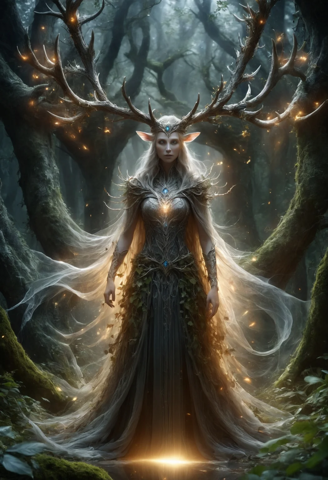 (masterpiece, best quality,detailed light), DonM50und0fMu51cXL swirls of music and sounds, erlking, tall regal ghostly figure, elegant ethereal appearance elaborate forest inspired clothing, crown made of leaves and branches,antlers, distinctive captivating eyes, linked with forests and nature spirits, connection to the wild hunt, benevolent, (highres, 4k, 8k, intricate detail, cinematic lighting, amazing quality, Detailed Illustration, wallpaper) <lora:Perfect Hands v2> <lora:SDXL\DetailedEyes_V3> <lora:myLoraXL_test\DonM50und0fMu51cXL-000008>