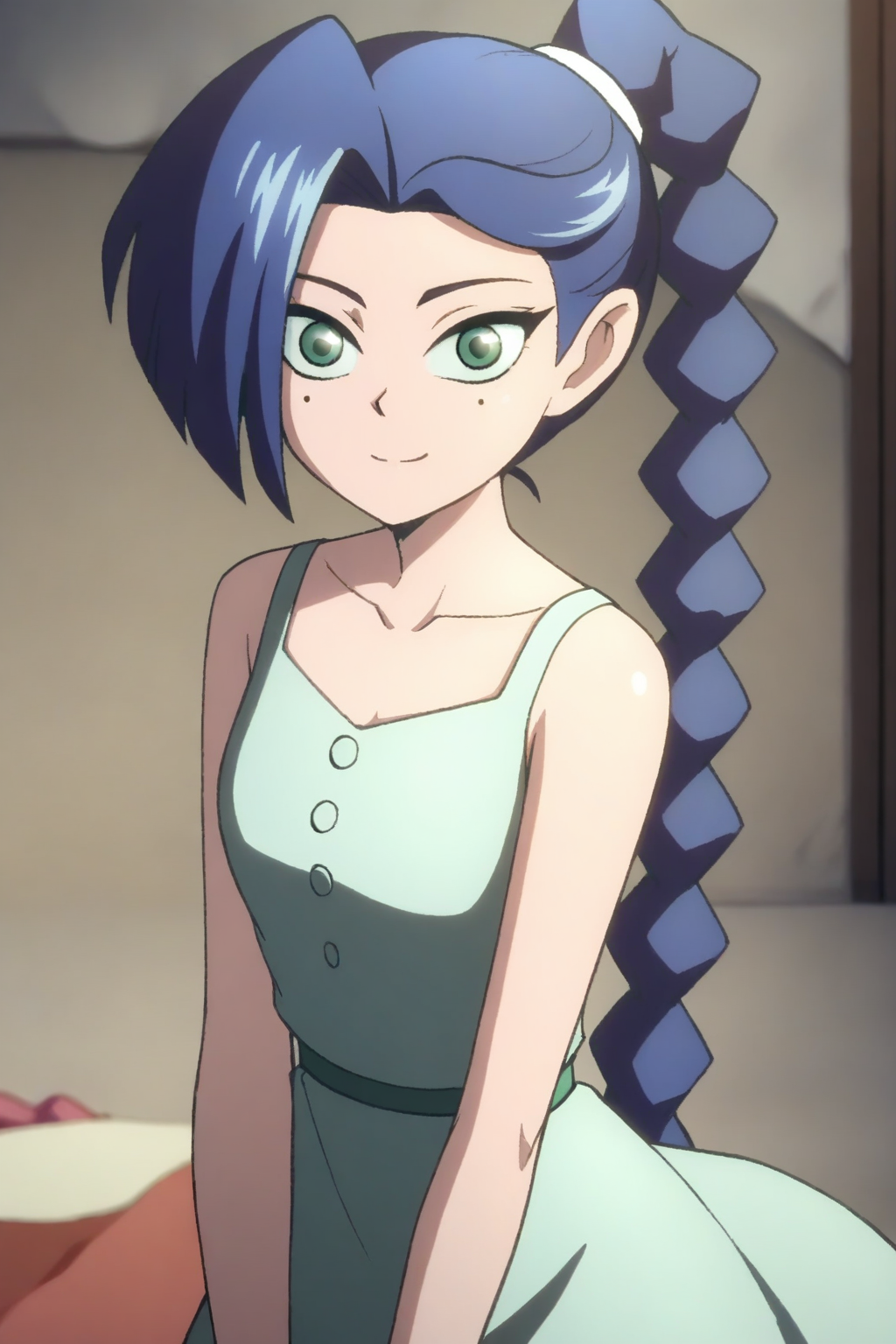 <lora:meihuashisan:1>,meihuashisan,1girl,solo,long hair,blue hair,mole,mole under eye,green eyes,
braid,dress,collarbone,single braid,
smile,looking at viewer,, masterpiece,best quality,amazing quality,absurdres, anime screenshot, lazypos ,