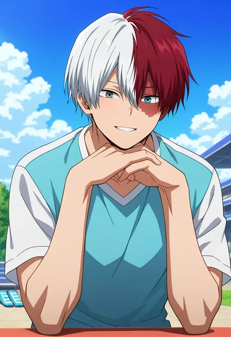 masterpiece, best quality, , anime screencap, anime coloring, , , , 1boy, solo, male focus, <lora:shouto_todoroki_ilxl:0.94>, shouto_todoroki, white hair, red hair, grey eyes, blue eyes, heterochromia, short hair, hair between eyes, bangs, multicolored hair, two-tone hair, split-color hair, burn scar, scar on face, sky carnival, cloud rides, rainbow slides, floating games, playing pose, happy expression, afternoon,