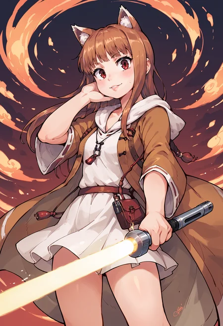 score_9, score_8_up, score_7_up, score_6_up, score_5_up, source_anime, holo from spice and wolf, lightsaber, jedi <lora:tamanoi_v2:0.5> tamanoi <lora:Qewie_Pony_Style:0.6> <lora:TytoAlba_Style_PonyXL_v1:0.6>