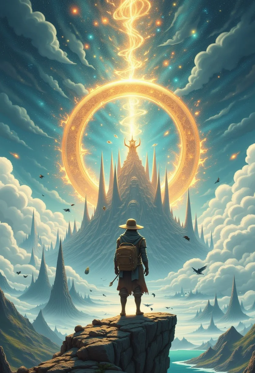 A lone traveler stands on a floating island in the sky, their wide-brimmed hat casting a shadow over their eyes. Behind them, a massive ring-like celestial artifact hovers, emitting streams of golden light that spiral into the clouds. Towering crystal spires protrude from the island, and in the distance, a fleet of winged beasts soars toward the horizon,
bo-christmas