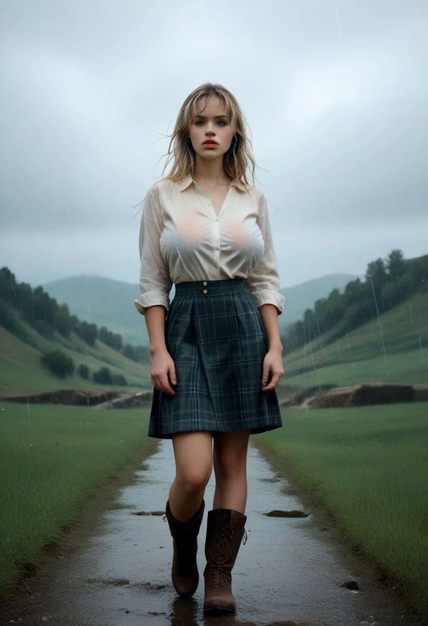 score_9, score_8_up, score_7_up, score_6_up,detailed photorealistic painting,1woman, Guin, blonde hair, full lips, huge natural breasts, celtic,sporan,plaid skirt,boots,scenery,sky,scottish highlands, dramatic sky, clouds, wind in her hair, rain