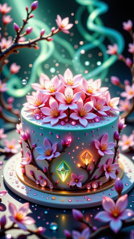 reij-ccnt, accent details, A breathtaking macro photograph of a luxurious, delicately decorated cake adorned with intricate cherry blossoms and sparkling gems, set against a background of mist in crystal tones: emerald green, sapphire blue, and amethyst purple. The soft mist swirls around the cake made of crystalz, casting a magical, ethereal glow on each blossom and gem. The intricate petals of the cherry blossoms appear almost translucent, with dewdrops reflecting the vibrant mist, creating a scene of pure elegance and whimsy., Jedjv1 <lora:JedJourney:0.5>, crystalz <lora:ral-crystalz:0.5>, Jed-ppct, papercutstyle <lora:flux-papercut:0.2>, <lora:accent4FLUX-000005:0.5>, aidmaimageupgrader <lora:aidmaImageUpgrader:0.4>,