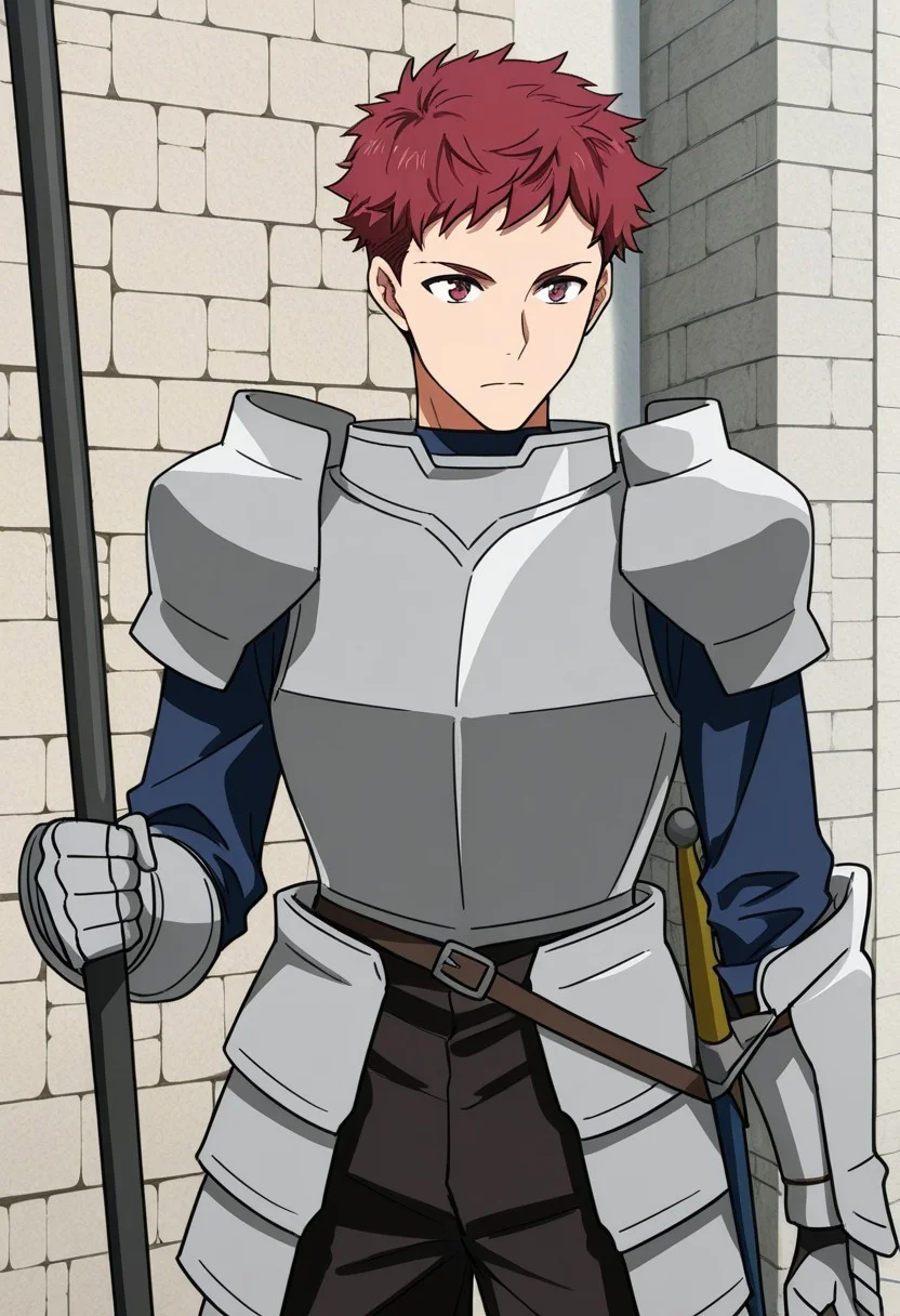 score_9, score_8_up, score_7_up, score_6_up, score_5_up, score_4_up, high quality, (detailed eyes:1.5), (detailed face), ((perfect face)), master piece, best high quality, ultra details, intricate details, male focus, detailed body, detailed background, perfect anatomy, masterpiece, high quality, best quality, amazing quality, very aesthetic, absurdres, Aruku Gardel, Red Hair, Red Eyes, Knight, armor, holding polearm, polearm, castle gate