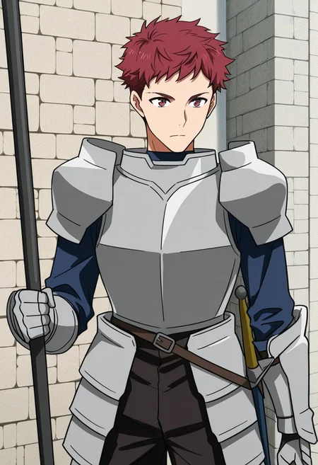 score_9, score_8_up, score_7_up, score_6_up, score_5_up, score_4_up, high quality, (detailed eyes:1.5), (detailed face), ((perfect face)), master piece, best high quality, ultra details, intricate details, male focus, detailed body, detailed background, perfect anatomy, masterpiece, high quality, best quality, amazing quality, very aesthetic, absurdres, Aruku Gardel, Red Hair, Red Eyes, Knight, armor, holding polearm, polearm, castle gate