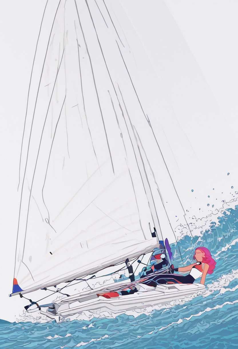 Absurdres, best quality, masterpiece, extremely aesthetic,
Dramatic cinematic scene,
 sailing a dinghy, sport sailing, sailing dinghy, gp14, (on a boat, sitting on the side of a boat, pulling ropes):1.9, sailor girl, sailing crew, 
(Sailing Dinghy, rudder, main sail, jib, mast, haliard, ropes, regatta, sport):1.5,
in heavy wind, dinghy race, fingerless gloves, leaning out, keeling, splashing water, waves,
Nylon, spandex, dear Lord, what's next?
Polyester, pin stripe, wet my appetite
Polka dots, see through, put me in a good mood
A-cup, D-cup,
Long hair, curly hair, fine curls, tiny torso, narrow shoulders, wide hips, tiny limbs, short limbs, 
Detailed background,
seductive, playful,
 dramatic angle, 
Heavily stylized vector illustration, fun, close-up, out of frame, stylish, exaggerated body proportions, huge head, head same size as body,
BaseB0b, minimalist vector illustration, Flatline, Flat vector illustration, sai1ing, over side,