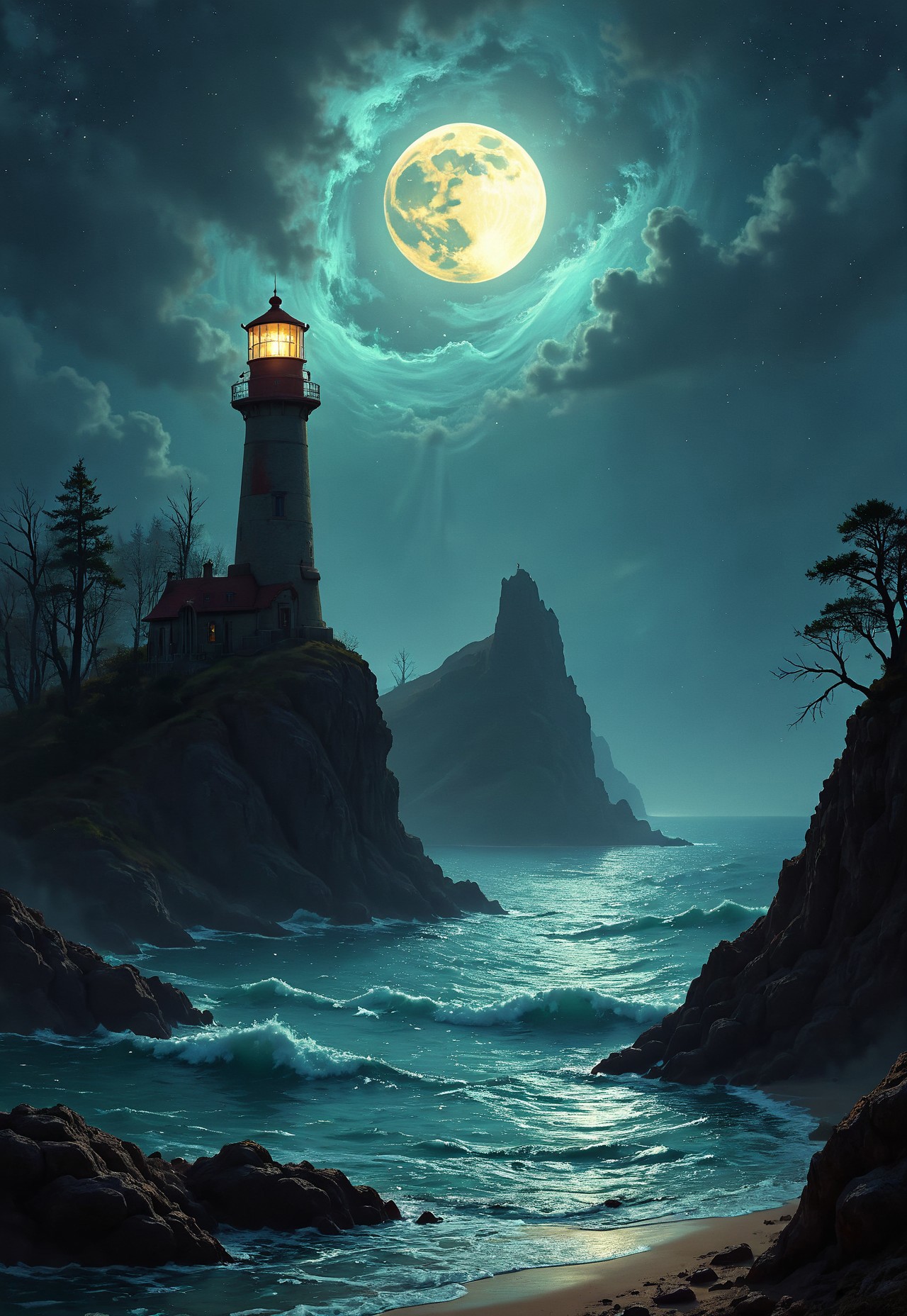 Under the eerie glow of a full moon, a dark and ominous landscape unfolds. A vibrant, colorful ship stands by the edge of a serene ocean, its vivid hues contrasting starkly with the foreboding atmosphere. In the background, a lighthouse stands atop jagged rocks, its light cutting through the darkness and reflecting off the ocean's surface, glistening in the moonlight. Thick, swirling clouds loom overhead, adding to the sense of an evil presence. The moonlight filters through the clouds, casting an otherworldly glow over the scene. A falling star streaks across the sky, adding a touch of mysticism to the night. The air is thick with a sense of ancient secrets and dark magic, as if the very night is alive with hidden power.  romantic impressionism,dream scenery art,beautiful oil matte painting,romantic,style of thomas kinkade,beautiful digital painting,anime landscape,romantic painting,dreamlike digital painting,colorful painting,beautiful gorgeous digital art,style of greg rutkowski,janek sedlar,jenny saville