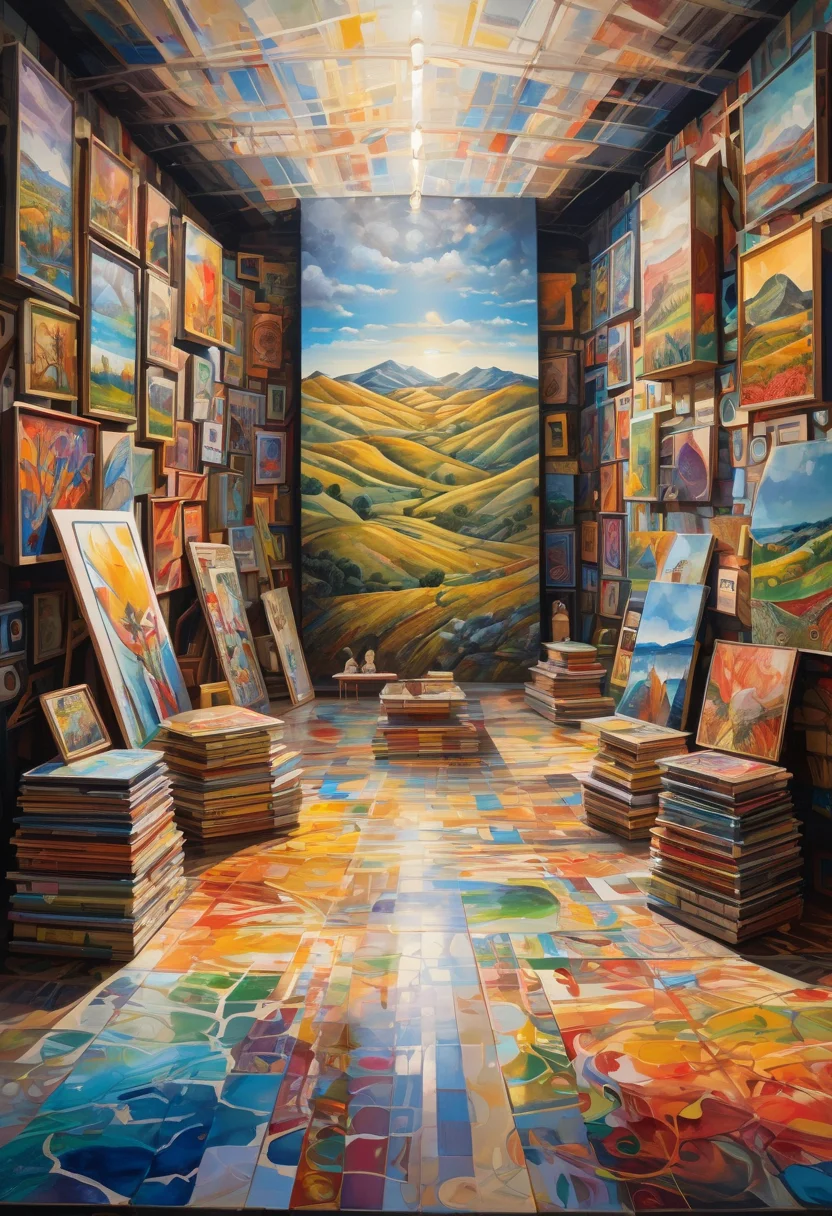 boxes all over,boxes in the distance, boxes in the background, (landscape with rolling hills and valleys:1.2), a large landscape of artwork, artwork laying all over, vivid colors, intricate details, realistic style, oil paintings, acrylic paintings, watercolor paintings, digital illustrations, mixed media pieces, sculptures casting shadows, spotlights accentuating select works, marble floor reflecting scattered rays, spectators admiring displayed creations