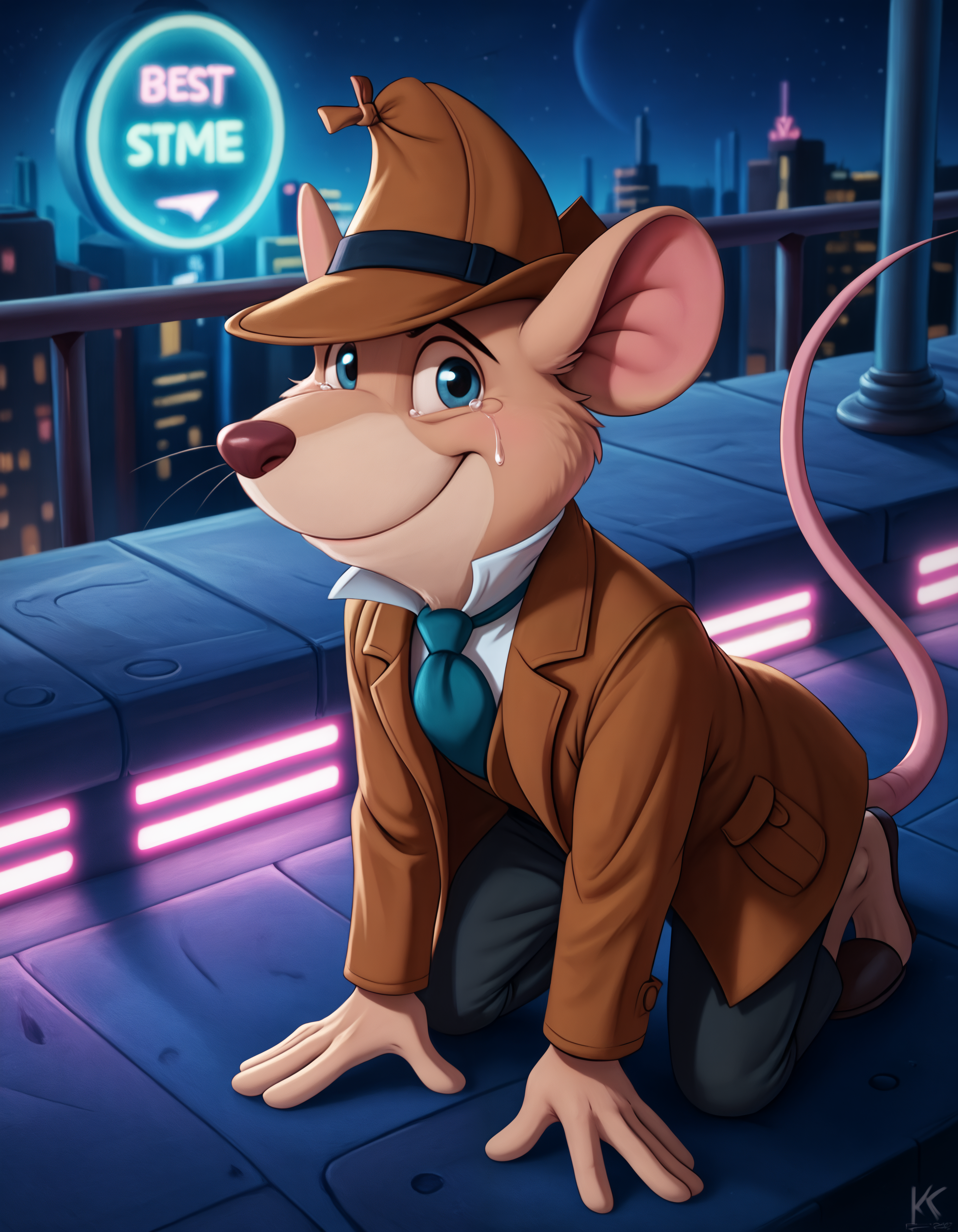 score_9, score_8_up, score_7_up BREAK rating_safe, source_furry, detailed, depth of field, detailed background, cinematic lighting, particles, decals, masterpiece, (best quality, high quality, 8K:1.5), <lora:sinfully_stylish_SDXL.safetensors:0.95>,  embedding:zPDXL3, anthro, <lora:add-detail-xl.safetensors:2.5>, <lora:Basil_of_Baker_StreetThe_Great_Mouse_Detective:1.0>, basil_gmd, great_mouse_detective, solo, 1boy, male focus, clothed, hat, dark, night, light shining through feathers, looking at viewer, city, outdoor, digitigrade, biped, barefoot, (cyberpunk, neon lights, night time:1.2), upper body, solo, smile, long_sleeves, tail, necktie, shoes, pants, black_eyes, coat, blue_necktie, mouse_ears, brown_headwear, furry_male, mouse_tail, brown_pants, brown_coat, mouse, trench_coat, detective,  (close up, from above, kneeling , tears:1.15)