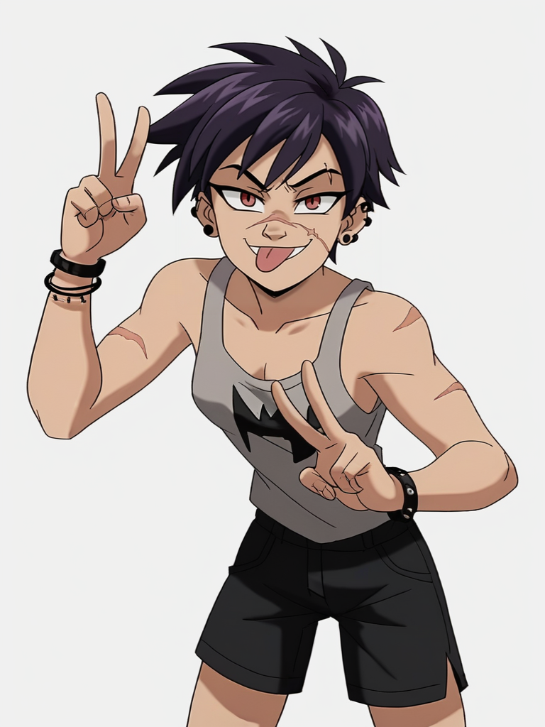 score_9,, 
1girl, very cute face, tomboy, tank top, shorts, piercing, bracelet, scar on face, front, leaning forward, v, evil smile, tongue out, piercing, looking at viewer, white background, dynamic pose, cowboy shot, hair ornament, 
XmenEvo, flat color, official style, cartoon style, <lora:AXmenEvolutionXL_Style:1>