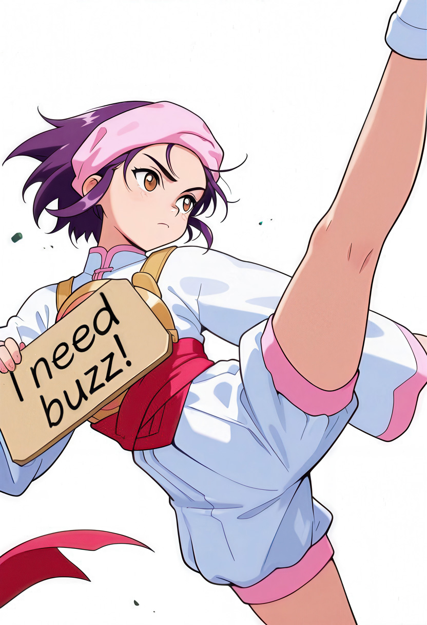 masterpiece,best quality,amazing quality,very aesthetic,absurdres,newest,
solo,1girl,need_buzz, holding sign,
<lora:hanmyo_ilxl_v1:1>,hanmyo,purple hair,brown eyes,h_headband,h_clothes,white shorts,
<lora:Fixhands_anime_bdsqlsz_V1:1>,dynamic_angle,cinematic_angle,fighting_stance,fighting,motion_blur,(speed_lines:1.1),fighting_stance,blue aura effect,expressionless,looking ahead,(attack,(side kicking),standing on one leg,),arched_back,white_background,serious,
masterpiece,best quality,amazing quality,very aesthetic,absurdres,newest,white_background,simple_background,