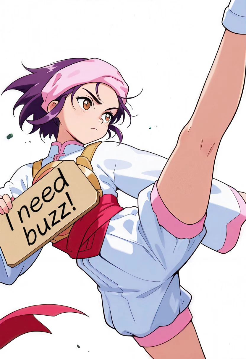 masterpiece,best quality,amazing quality,very aesthetic,absurdres,newest,
solo,1girl,need_buzz, holding sign,
<lora:hanmyo_ilxl_v1:1>,hanmyo,purple hair,brown eyes,h_headband,h_clothes,white shorts,
<lora:Fixhands_anime_bdsqlsz_V1:1>,dynamic_angle,cinematic_angle,fighting_stance,fighting,motion_blur,(speed_lines:1.1),fighting_stance,blue aura effect,expressionless,looking ahead,(attack,(side kicking),standing on one leg,),arched_back,white_background,serious,
masterpiece,best quality,amazing quality,very aesthetic,absurdres,newest,white_background,simple_background,