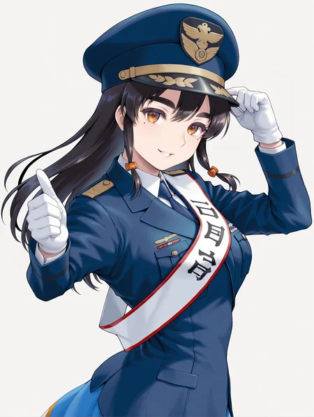 masterpiece,best quality,newest,1girl,solo,
<lora:mao2_ilxl_v1.2:1>,mao2,m_hat,m_clothes,white gloves,blue jacket,mole under eye,
<lora:Fixhands_anime_bdsqlsz_V1:1>,looking_at_viewer,white_background,simple_background,profile,parted lips,seductive_smile,hand on headwear,cowboy_shot,