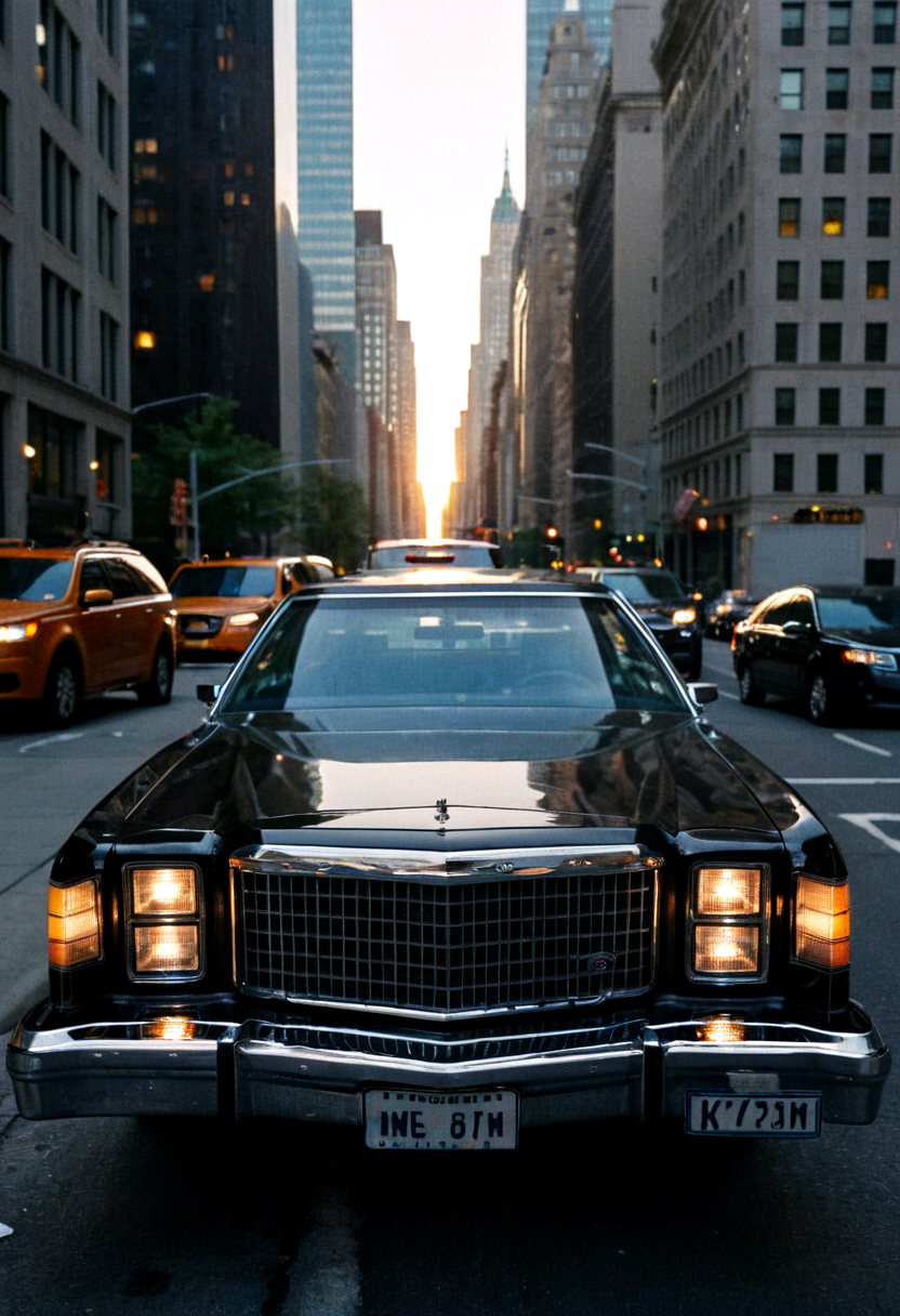 gleaming black Ford LTD, front view, New York avenue, bright headlights, sunset, Manhattan skyscrapers background, 4K, highly detailed, ((grainy 35mm photo))