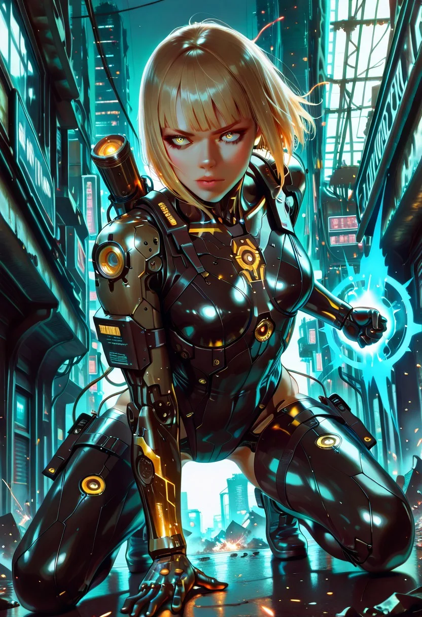 (fine fabric emphasis:1.2), (((masterpiece, amazing quality, best quality, ultra-detailed, 8K, illustration, amazing quality, newest, absurdres, realistic))), highres, very aesthetic, absurd res, hi res, very awa, dynamic angle, refined, volumetric lighting, cinematic lighting, blurry background, close up vivid colors, ((source_realistic:1.6)), hyper detailed, (dynamic pose:1.4), depth of field, cyb3rwar3, Cyberware, cybernetic lines, exposed mechanics, cable,cyborg, mechanical parts, robot joints, mad-neonbody, Plasma Cannon, cybernetic, cyborg, masterpiece, best quality, amazing quality, very aesthetic, absurdres, newest, cybernetic, cyborg, plasma cannon, dynamic pose, charging plasma shot, glowing energy buildup, blonde hair, bangs, no face mask, intense expression, cinematic lighting, dramatic angle, cyberpunk ruins, futuristic battlefield, sparks, debris, energy glow, sci-fi armor, high-tech suit, battle-ready stance, motion blur, intricate mechanical 