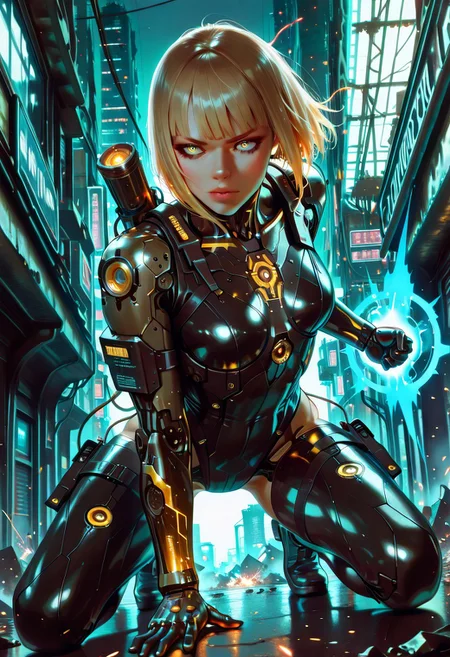 (fine fabric emphasis:1.2), (((masterpiece, amazing quality, best quality, ultra-detailed, 8K, illustration, amazing quality, newest, absurdres, realistic))), highres, very aesthetic, absurd res, hi res, very awa, dynamic angle, refined, volumetric lighting, cinematic lighting, blurry background, close up vivid colors, ((source_realistic:1.6)), hyper detailed, (dynamic pose:1.4), depth of field, cyb3rwar3, Cyberware, cybernetic lines, exposed mechanics, cable,cyborg, mechanical parts, robot joints, mad-neonbody, Plasma Cannon, cybernetic, cyborg, masterpiece, best quality, amazing quality, very aesthetic, absurdres, newest, cybernetic, cyborg, plasma cannon, dynamic pose, charging plasma shot, glowing energy buildup, blonde hair, bangs, no face mask, intense expression, cinematic lighting, dramatic angle, cyberpunk ruins, futuristic battlefield, sparks, debris, energy glow, sci-fi armor, high-tech suit, battle-ready stance, motion blur, intricate mechanical