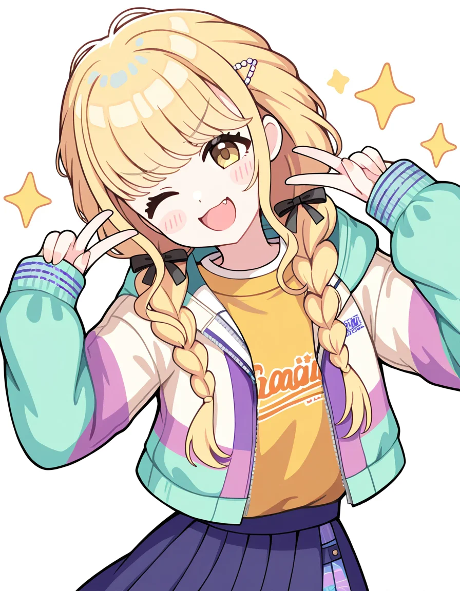 1girl,fujita kotone,gakuen idolmaster,idolmaster,aqua jacket,black ribbon,blonde hair,braid,crossed fingers,hair ornament,hairclip,hands up,jacket,light blush,long hair,long sleeves,looking at viewer,low twin braids,pout,ribbon,shirt,sidelocks,solo,twin braids,upper body,white background,yellow eyes,yellow shirt,open jacket,black bowtie,one eye closed,cropped torso,sparkle,multicolored clothes,black bow,v-shaped eyebrows,hairpin,hood,open clothes,white jacket,;d,star \(symbol\),skirt,hair ribbon,hood down,:i,head tilt,simple background,hooded jacket,pleated skirt,bowtie,multicolored jacket,blue skirt,bow,blush stickers,smile,, hasu/(velicia/), <lora:hasutt:1>, masterpiece, best quality, very aesthetic, absurdres,newest, incredibly absurdres,